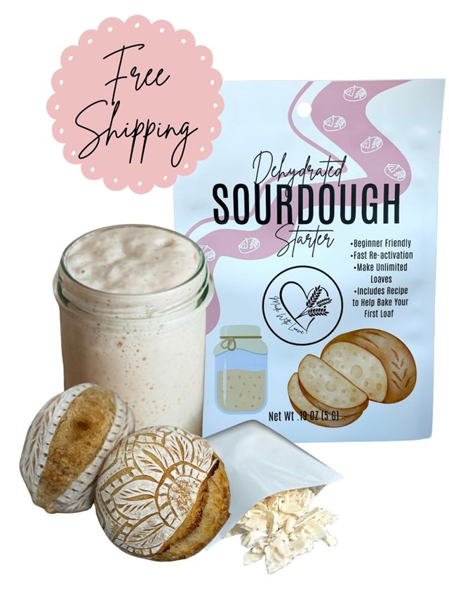 Made With Loave dehydrated sourdough starter with recipe card